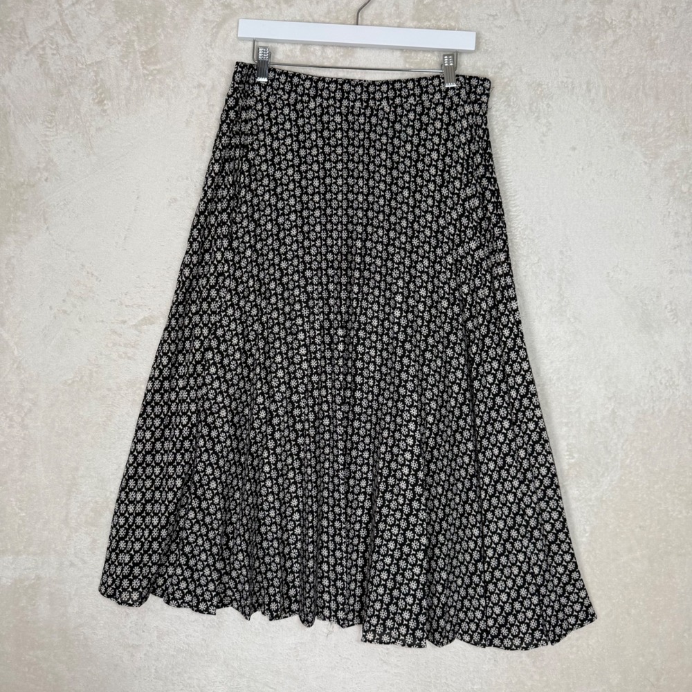 Max Studio Black White Floral Pleated Midi Skirt Cottagecore Boho Prairie Chic L